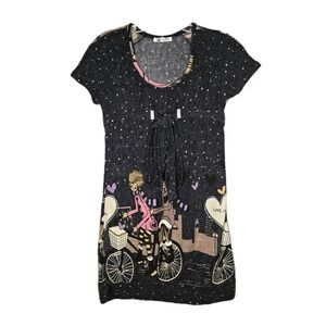 Hanako Shiratori Whimsical Bicycle Graphic Mini Dress Tunic Gray Polka Dot Sz M